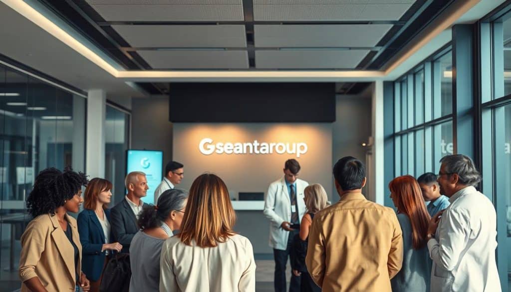 A large group health insurance plan, showcasing diverse individuals and families against a backdrop of modern medical facilities. The foreground features a diverse group of people, including professionals, seniors, and families, all engaged in discussions and consultations. The middle ground depicts a reception area with sleek, minimalist design, with signage and branding elements highlighting the insurance plan. The background showcases a state-of-the-art hospital or clinic, with clean lines, large windows, and a calming, professional atmosphere. Soft, directional lighting illuminates the scene, creating a sense of warmth and reassurance. The overall mood is one of trust, security, and comprehensive healthcare coverage for individuals and families.