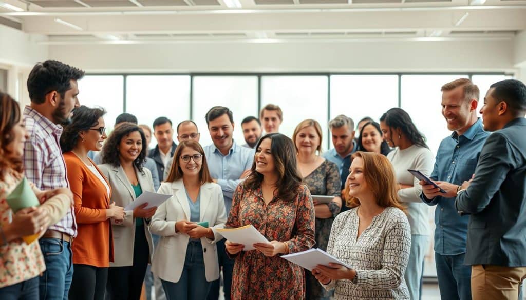 A large group of diverse people, representing a range of ages, ethnicities, and professions, standing or sitting together in a brightly lit, modern office setting. The scene conveys a sense of collaboration, community, and a shared understanding of the importance of comprehensive health insurance coverage. In the foreground, a group of individuals are engaged in a lively discussion, their expressions animated and their body language suggesting a shared purpose. In the middle ground, others are reviewing documents or using digital devices, showcasing the administrative and technological aspects of large group health insurance. The background features a clean, minimalist design with large windows, allowing natural light to flood the space and create a sense of openness and transparency. The overall tone is one of professionalism, efficiency, and a commitment to providing quality health coverage for individuals and families.
